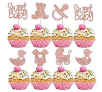 Gyufise 36 piezas de decoración para cupcakes de baby shower, chupete con purpurina, carruaje de bebé, oso, dulce bebé, púas para cupcakes para revelación de género, baby shower, suministros de fiesta