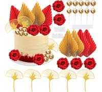 Gyufise Decoración para tartas de cumpleaños de reina, bola de espuma de ginkgo, hojas de palma para boda, cumpleaños, compromiso, despedida de soltera, suministros de fiesta, color rojo
