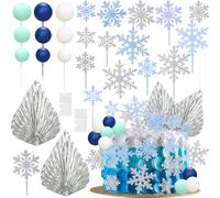 Gyufise Decoración para tartas de invierno de Frozen con globo, abanico de palmera plateada, copos de nieve, para invierno, baby shower, boda, cumpleaños, fiesta de Navidad, suministros de bricolaje