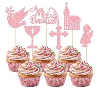 Gyufise Paquete de 24 adornos españoles para cupcakes Mi Bautizo con purpurina, cruz de ángel, paloma, iglesia, niña, bautizo, para fiesta religiosa, Dios bendiga, baby shower, niños, cumpleaños,