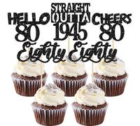 Gyufise Paquete de 24 adornos para magdalenas de 80 cumpleaños, color negro, con purpurina, ochenta y recta, 1942, 80 unidades, para decoración de tartas de cumpleaños, aniversario de 80 años, suministros