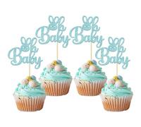 Gyufise Paquete de 24 adornos para magdalenas de conejito con purpurina azul Oh Baby Cupcake Toppers Happy Easter Rabbit Baby Cake Decoración para orejas de conejo, decoración de fiesta de baby shower