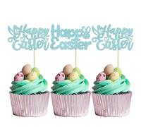 Gyufise Paquete de 24 adornos para magdalenas de Pascua con purpurina azul para decoración de tarta de conejito de Pascua, decoración para fiesta de Pascua, temática de conejo, decoración de fiesta de cumpleaños