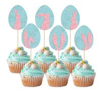 Gyufise Paquete de 24 adornos para magdalenas de Pascua con purpurina, huevos de Pascua, decoración para tartas de conejo, tema de conejo, decoración de fiesta de primavera, suministros para decoración