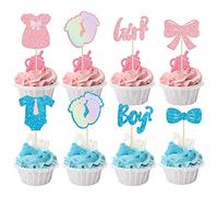 Gyufise Paquete de 24 adornos para magdalenas para niño o niña, con purpurina, mameluco con pajarita para cupcakes, baby shower, niños, cumpleaños, revelación de género, fiesta, decoración de