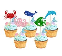 Gyufise Paquete de 30 decoraciones para magdalenas con diseño de animales del mar del océano, cangrejo de delfín, ballena, pulpo, pez, temática de animales de fiesta de cumpleaños, suministros