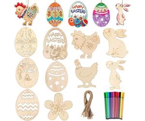 Gyvazla Pascua Artesanías de Madera, 50 PCS Sin Terminar Adornos de Pascua Huevo Conejo Colgante de Madera con 12 Marcadores de Color para los Niños de Pascua Fiesta Suministros DIY Decoración