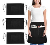GZCZCC 3 Pcs Mandil Camarero Corto Delantal Corto Cocina Delantal Camarero Corto Delantal Cintura Negro Con 3 Bolsillos para Hombre Mujer Mandil Negro para Cocina Cafetería Bar Jardinería Hostelería
