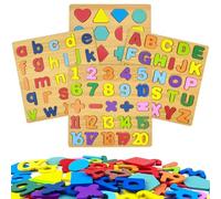 GZjiyu 4 Piezas Puzzle de Madera ABC Alfabeto Numero Juego para Niños, Holzbuchstaben Letras Puzzle de Madera para Niños Pequeños y Preescolares