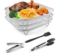 GZjiyu Air Fryer Rack 304 - Rejilla de acero inoxidable para freidora de aire caliente, bandeja de 3 capas, apilable, deshidratador, con pinzas, cepillo y pinzas para alimentos, para horno, microondas
