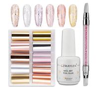 GZMAYUEN Gel Foil Transfer Pegamento y Transfer Foil Sticker Nail Foil Kit 15ML Pegamento Nail Foil Glue Color Metalizado Papel Foil Kit Decoracion Uñas