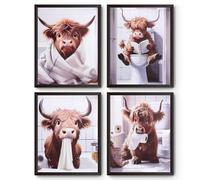 GZRXIOUS 4PCS Láminas Highland Cow 25×20cm Cuadros Divertidos Sin Marco Impresión en Lienzo Impermeable Decoración para Baño Pasillo y Hogar pintura decorativa Una pintura que levanta el ánimo