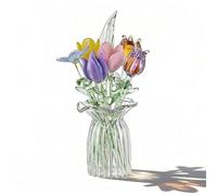 H&D HYALINE & DORA 7 flores artificiales de cristal soplado a mano con jarrón transparente, adorno coleccionable de flores silvestres para mujeres, mamá, boda, hogar, centro de mesa (estilo 1)