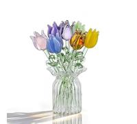H&D HYALINE & DORA 7 mini flores de tulipán de cristal soplado a mano con jarrón transparente, ramo de tulipanes de cristal, adorno coleccionable para mujeres, mamá, boda, hogar, centro de mesa