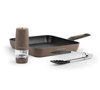 H&H Alessandro Borghese-Pack Sartén parrilla antiadherente 28 x 28 cm inducción, pinza de cocina 24 cm y molinillo de pimienta/sal eléctrica, negro y marrón, 28 cm