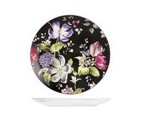 H&H Bouquet - Juego de 12 platos llanos, porcelana, decoración floral, negro, 27 cm