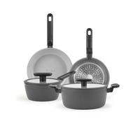 H&H by Bruno Barbieri Explore Cookware - Juego de 6 utensilios de cocina de aluminio con revestimiento antiadherente, sartenes y cacerolas, tapa de cristal con silicona, apto para todas las cocinas