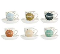 H&H Enjoy juego de 6 tazas de café con platillo, Porcelana, Multicolor, 100 ML
