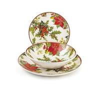 H&H Holly Jolly - Servicio de mesa, 18 platos, de gres, Navidad, fiestas