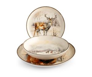 H&H, Hood River - Juego de vajilla de gres de 18 piezas con diseño de ciervo, apto para lavavajillas