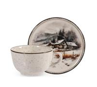 H&H Juego de 2 tazas de té y capuchino de gres de 200 cc con platillo, diseño de nieve silenciosa, color beige punteado con borde negro, paisaje nevado de montaña con casitas, perfectas para el