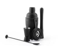 H&H Juego de cóctel Profesional de 5 Piezas de Acero Inoxidable 18/10 Satinado Negro - coctelera, mortero, Jigger, Cuchara y colador - Accesorios de Bar para Bebidas y cócteles