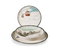 H&H Juego de Mesa Navidad 12 Piezas Winter Escape en Gres - Platos Planos, Sopas y Postres con Diseño Vintage de Esquiadores, Ideal para una Mesa Navideña Elegante y Acogedora