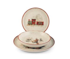 H&H Juego de Mesa Navidad 18 Piezas Santa Express en Gres - Platos Planos, Sopas y Postres con Diseño Navideño de Luces, Regalos y Magia, Ideal para Crear una Mesa Elegante y Festiva
