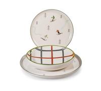 H&H Juego de Mesa Navidad 18 Piezas Ski Holiday en Gres - Platos Planos, Sopas y Postres con Diseño Elegante y Minimalista de Invierno, Ideal para una Mesa Sofisticada y Acogedora en Navidad