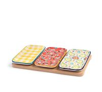 H&H Mix&Match - Juego de 3 platos de porcelana decorados, 12 x 7 cm, con base de bambú rectangular, multicolor