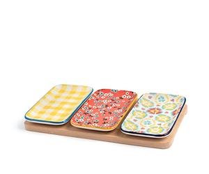 H&H Mix&Match - Juego de 3 platos de porcelana decorados, 12 x 7 cm, con base de bambú rectangular, multicolor