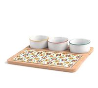 H&H Mix&Match - Juego de 4 unidades, con copas de porcelana decorada, 9 cm, una bandeja de bambú, multicolor
