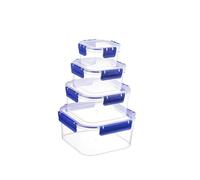 H&H Paquete de 4 recipientes de alimentos Easymix cuadrados de polipropileno transparente con junta de silicona azul - Cierre hermético clic-clac - 400 cc, 900 cc, 1800 cc, 2900 cc