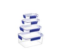 H&H Paquete de 4 recipientes de alimentos Easymix rectangulares de polipropileno transparente con junta de silicona azul - Cierre hermético clic-clac - 375 cc, 900 cc, 1700 cc, 2850 cc