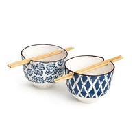 H&H Seda - Juego de 2 bolas de porcelana con palillos de madera, decorados surtidos, 13 x 10 cm, azul y blanco, 13 cm