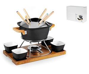 H&H Servizio Fonduta In Alluminio 15 Pezzi Nero Base In Legno