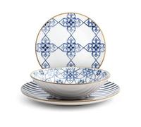 H&H Servizio Tavola 18 Pezzi Madeira In Stoneware Bianco E Blu