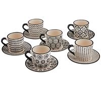 H&H - Set de 6 tazas de café “Vhera” con platillo, stoneware decorado en beige y negro, patrones surtidos, aptas para lavavajillas y microondas, 90 ml