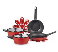 H&H Set de Cocina Antiadherente Accord - 7 Piezas - Aluminio Forjado con Revestimiento Pfluon, Cazuelas, Sartenes y Tapas de Cristal con Silicona y Protector Integrado - Apto para Inducción - Rojo