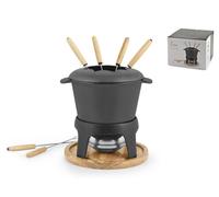 H&h Set Fonduta 11 Piezas Hierro Fundido Esmaltado Negro Con Base De Madera