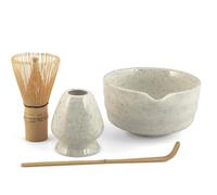 H&H Set para Té Matcha - 4 Piezas - Chasen de Bambú, Soporte de Porcelana, Cuenco y Cuchara Dosificadora - Kit Completo para la Preparación del Matcha - Colores del Soporte Surtidos