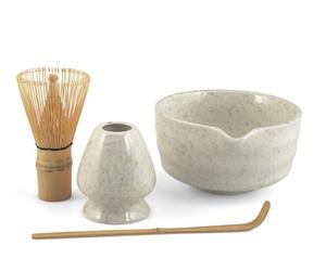 H&H Set para Té Matcha - 4 Piezas - Chasen de Bambú, Soporte de Porcelana, Cuenco y Cuchara Dosificadora - Kit Completo para la Preparación del Matcha - Colores del Soporte Surtidos
