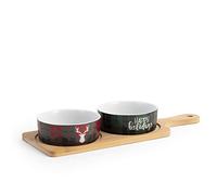 H&H Tabla de cortar de bambú con dos tazas de porcelana decoradas. Bandeja de bambú 12 x 33 cm