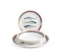 H&H, Vajilla de 18 piezas Nautica, forma coupe, de porcelana, blanco, decoración de sardina temática marina, apta para lavavajillas