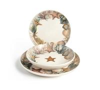 H&H - Vajilla de 18 piezas Saintbarth, stoneware decorado, platos llanos, hondos y de postre, apta para microondas y lavavajillas