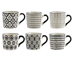 H&H Vhera Juego 6 Tazas Té, Stoneware, Blanco/Negro, 220 ml