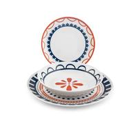H&H Zephyra - Juego de platos de 18 piezas - Porcelana decorada con forma Coupe - 6 platos llanos de 27 cm, 6 platos hondos de 23 cm, 6 platos de postre de 19,5 cm - Lavables en lavavajillas y aptos