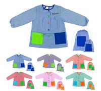 H HANSEL HOME Bata Escolar Infantil Multicolor Baby Infantil de Cuadros Pequeños + Bolsa y Mochila Escolar para Llevar Fiambreras - 6-7 años, con Bordado Nombre Personalizable