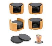 H HANSEL HOME Juego de 24 Posavasos de Pizarra Natural Antideslizante Redondos con Caja de Bambú, Set Posavasos para Bebidas, Vasos, Tazas, 10cm, Negro
