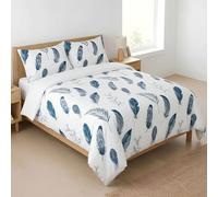H HANSEL HOME Juego de Funda Nórdica Cama 150-4 Piezas - Microfibra Transpirable - Funda Edredón 220x240 cm, Bajera 150x200+30 cm, 2 Fundas de Almohada 50x75 cm - Estampada Pluma Azul